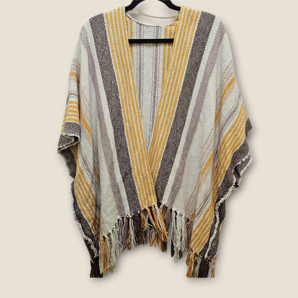 Aerie Poncho Sweater Women's‎ Striped Fringed Brown Yellow Beige Boho Knit
